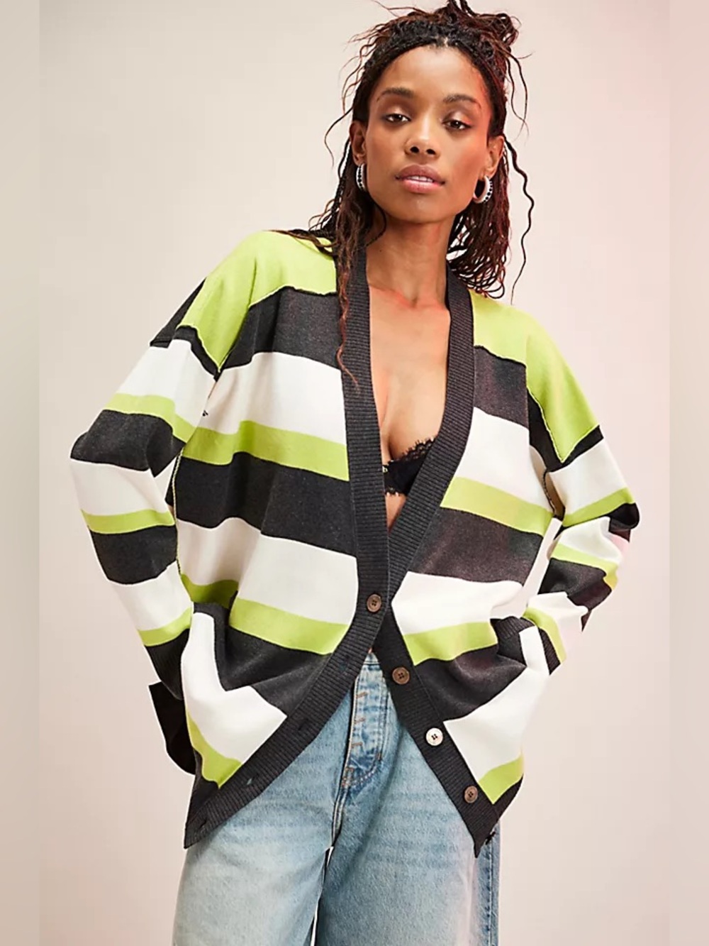 Free People League of Her Own Cardi Striped Cardigan Sweater Oversized Green